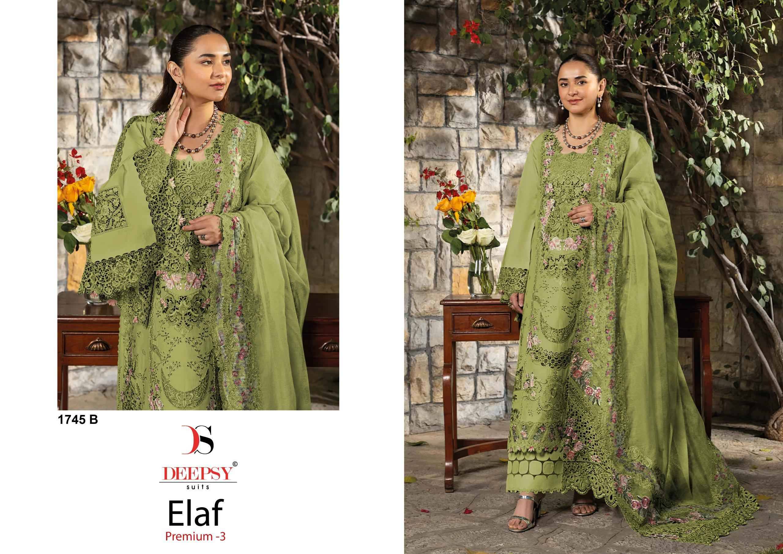  ELAF  Premium-3 Luxury Lawn by DEEPSY SUITS 1745 Series Pakistani Stylish Beautiful Colourful Printed & Embroidered Party Wear & Occasional Wear Pure cotton Dresses At Wholesale Price